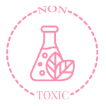 Nox toxic symbol for nail stickers. Pink outlined circle with text that says non toxic with science beaker and leaves in the middle.