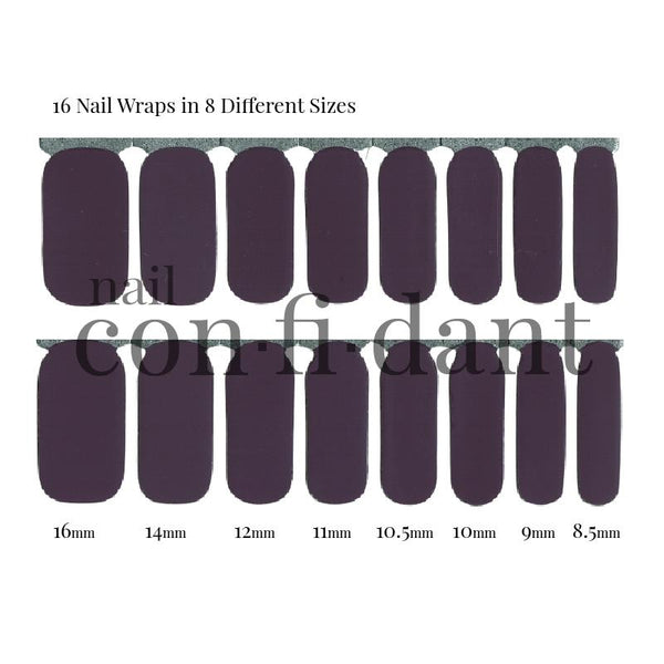 A Cosmos Far, Far Away, Dark violet, purple colored nail wrap showing 16 nail wraps in 8 different sizes. - Nail Confidant of Sweden