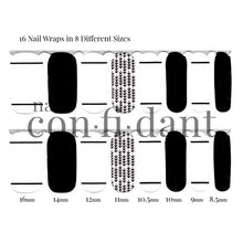 Load image into Gallery viewer, All Natural (Transparent) Simple style nail wrap with 6 black nail wraps, 2 accent wraps with black trees and black lines on other stickers. Showing 16 nail wraps in 8 sizes.- Nail Confidant of Sweden
