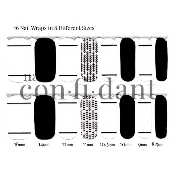 All Natural (Transparent) Simple style nail wrap with 6 black nail wraps, 2 accent wraps with black trees and black lines on other stickers. Showing 16 nail wraps in 8 sizes.- Nail Confidant of Sweden